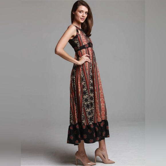 Free People You Made My Day Black Rust Boho Lace Up Back Maxi Dress - Picture 3 of 11